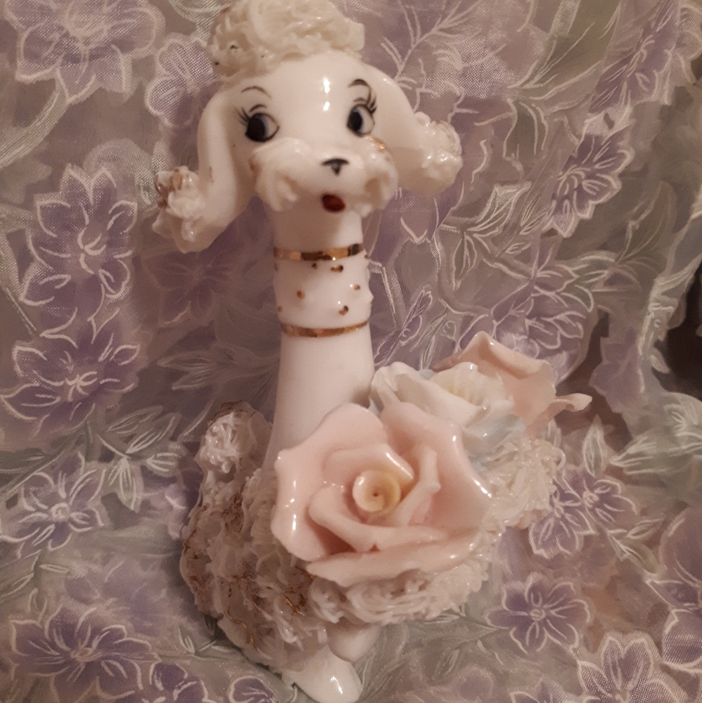 Vintage Lefton Spaghetti Poodle with Basket of Flowers